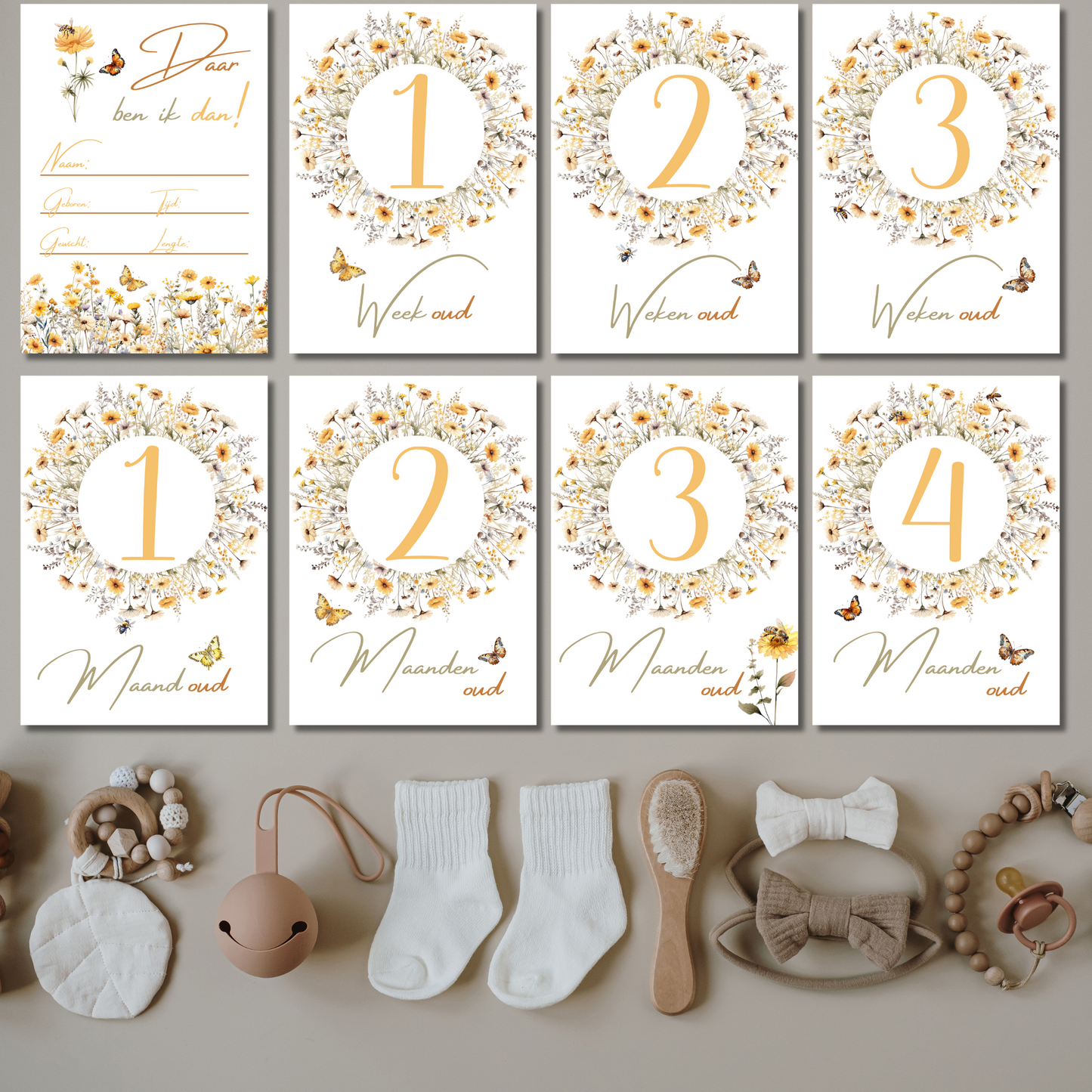 Mijlpaalkaarten Set 31 kaarten – Wildflowers | Baby’s Eerste Jaar in Watercolor Stijl
