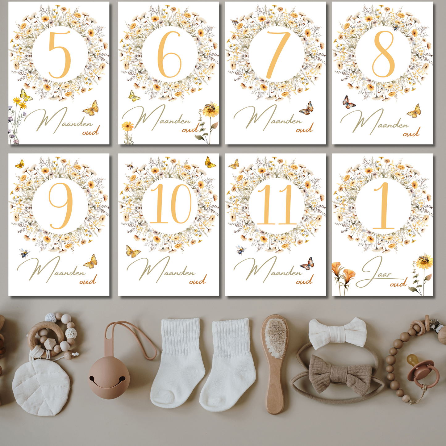 Mijlpaalkaarten Set 31 kaarten – Wildflowers | Baby’s Eerste Jaar in Watercolor Stijl