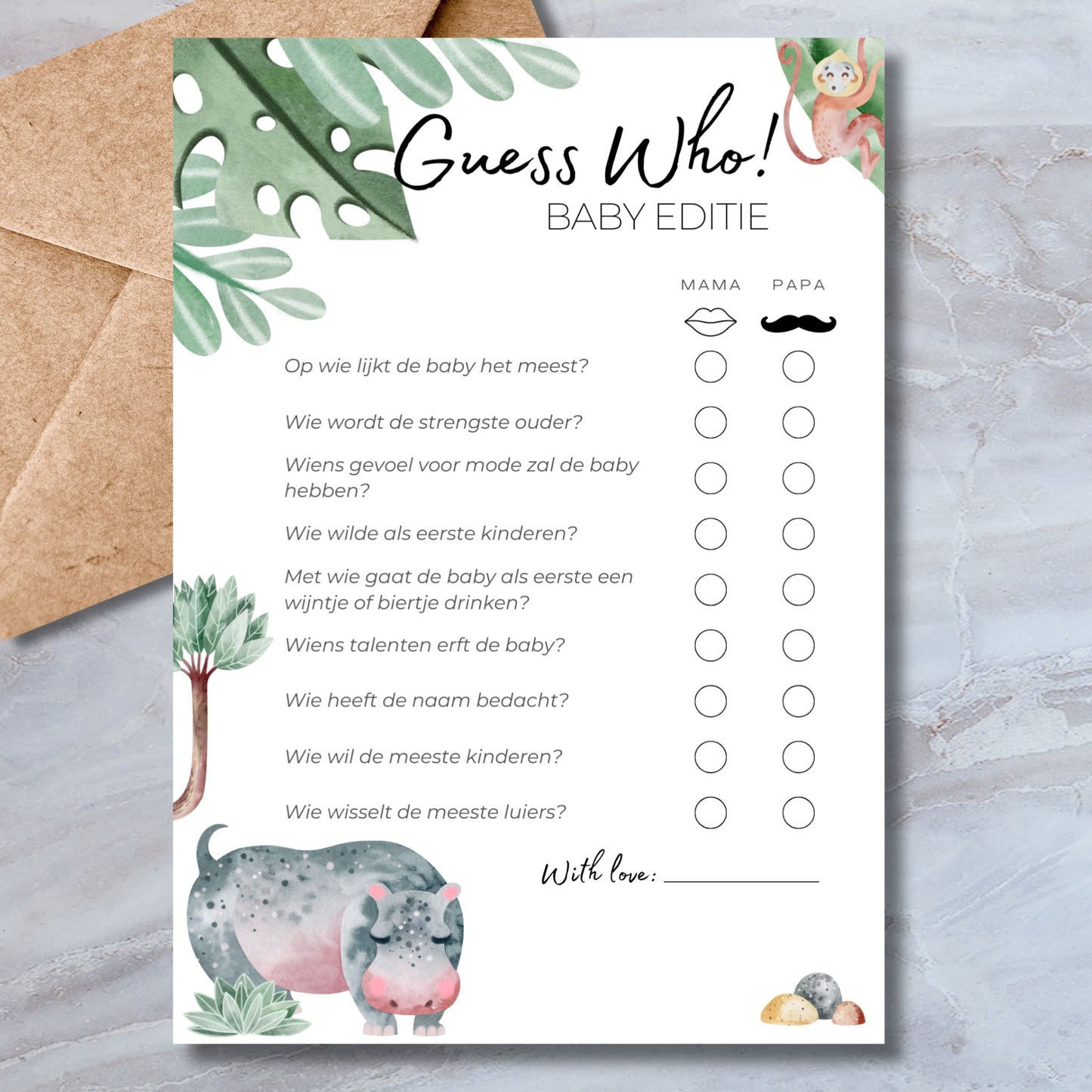 Guess Who babyshower spelkaart in safari stijl met nijlpaard en aapje – A5 formaat