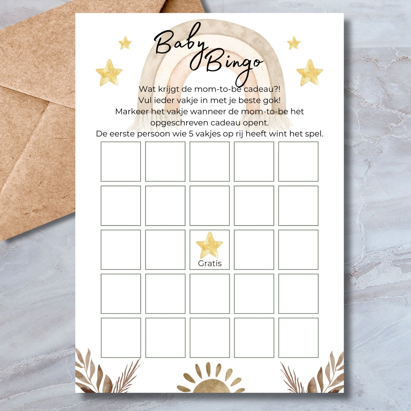 Baby Bingo babyshower spelkaart in boho stijl – invulkaart A5 formaat