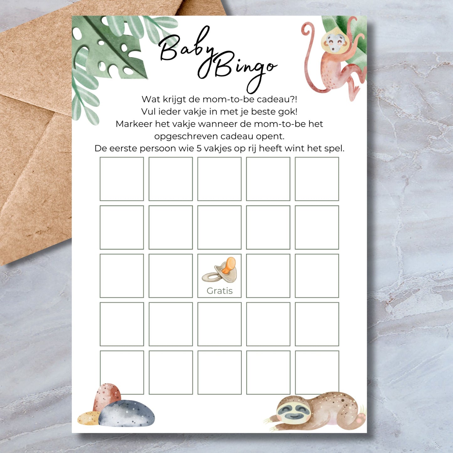 Baby Bingo babyshower spelkaart in safari stijl met luiaard en aapje – A5 formaat