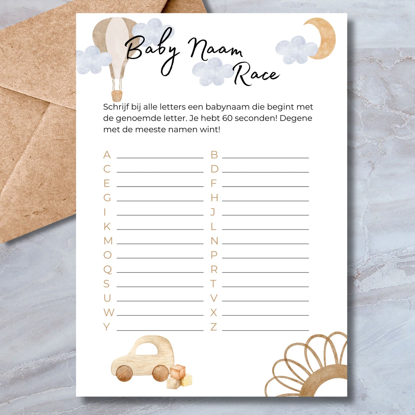 Baby Naam Race babyshower spelkaart in boho stijl met luchtballon, maantje en houten speelgoed – A5 formaat