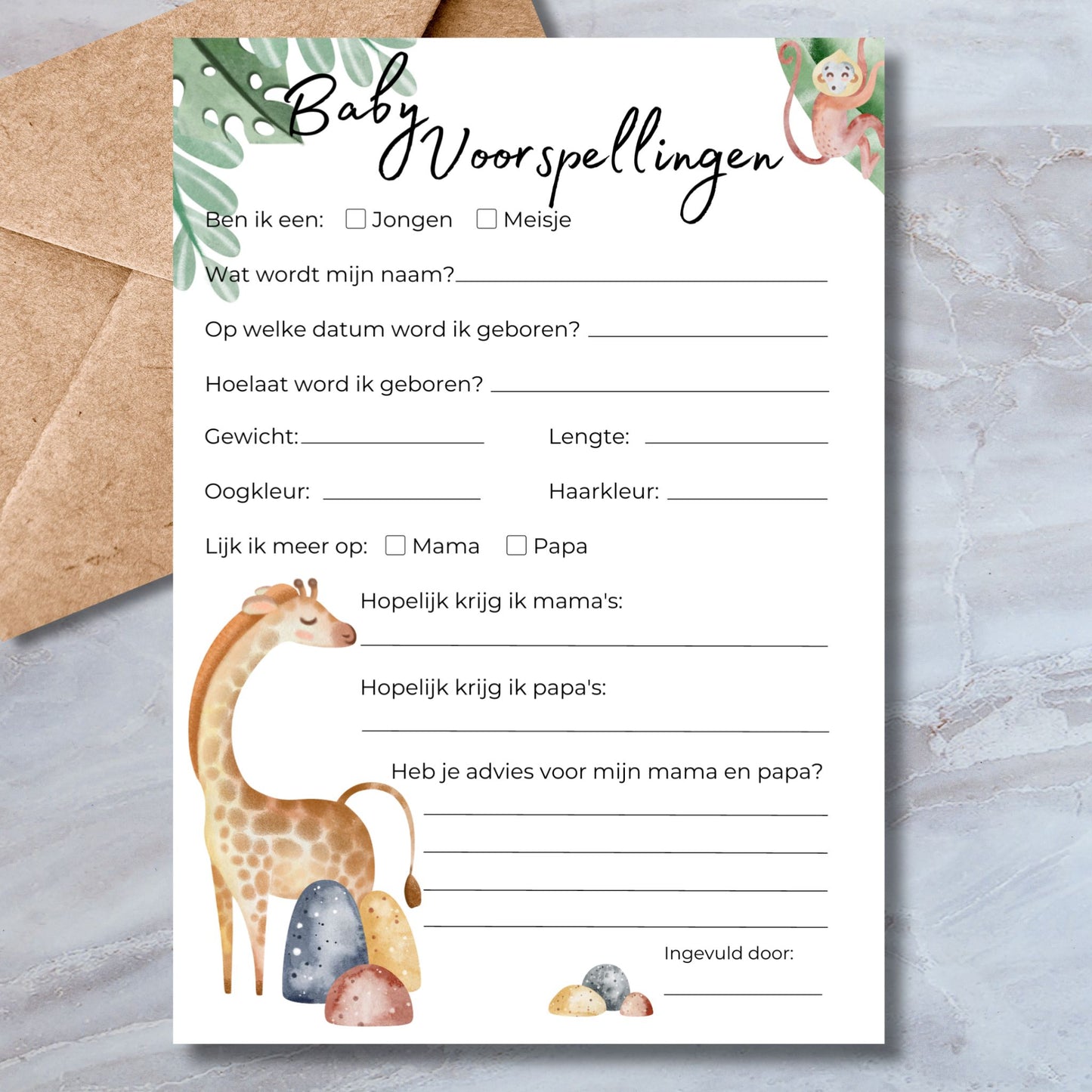 Baby Voorspellingen babyshower spelkaart in safari stijl met giraffe en aapje – A5 formaat