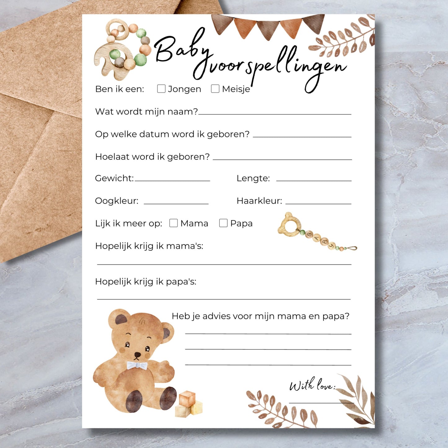 Baby Voorspellingen kaart in boho stijl met teddybeer en vlaggetjes – babyshower spel A5