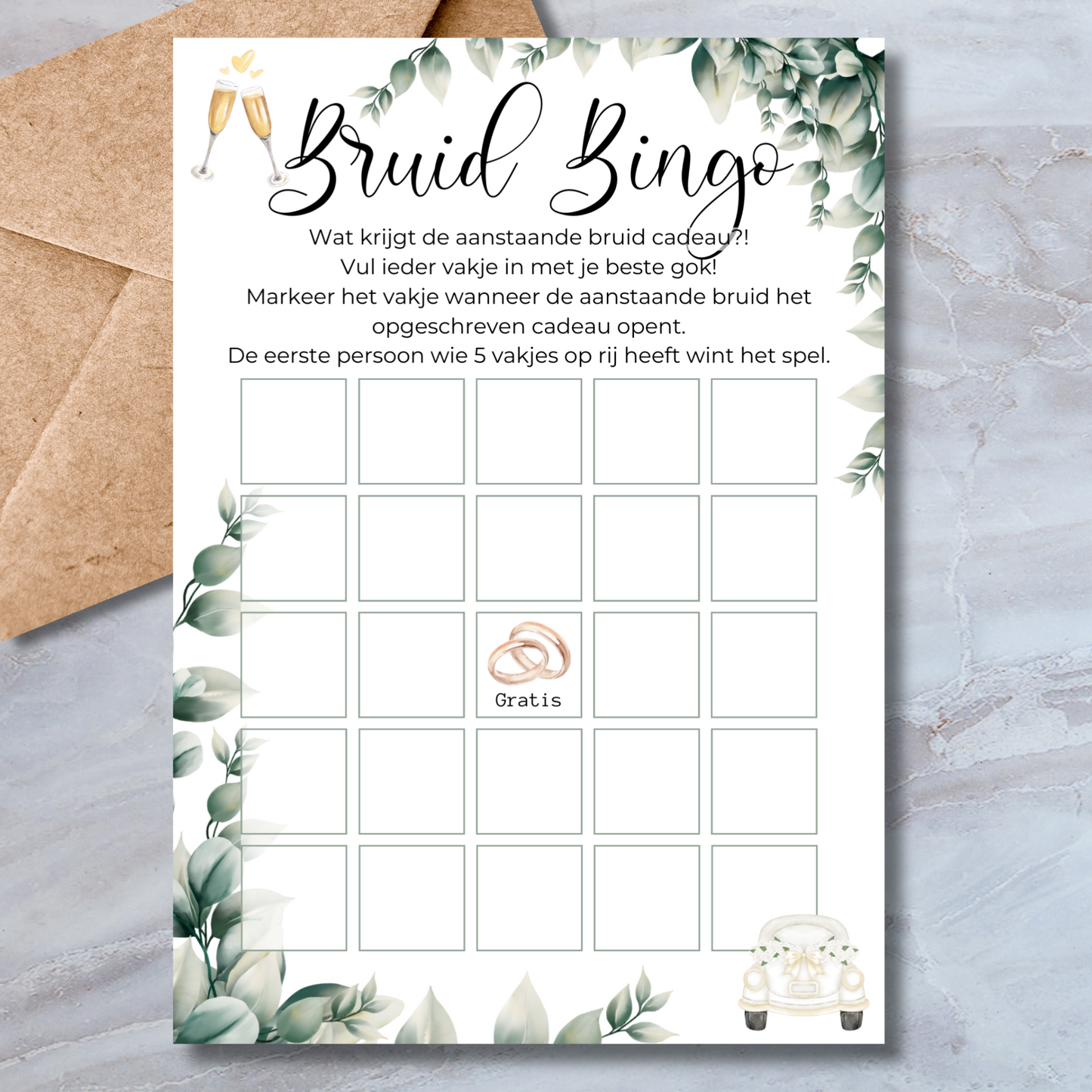 Bruid Bingo vrijgezellenfeest spelkaart in watercolor stijl met eucalyptus bladeren – A5 formaat