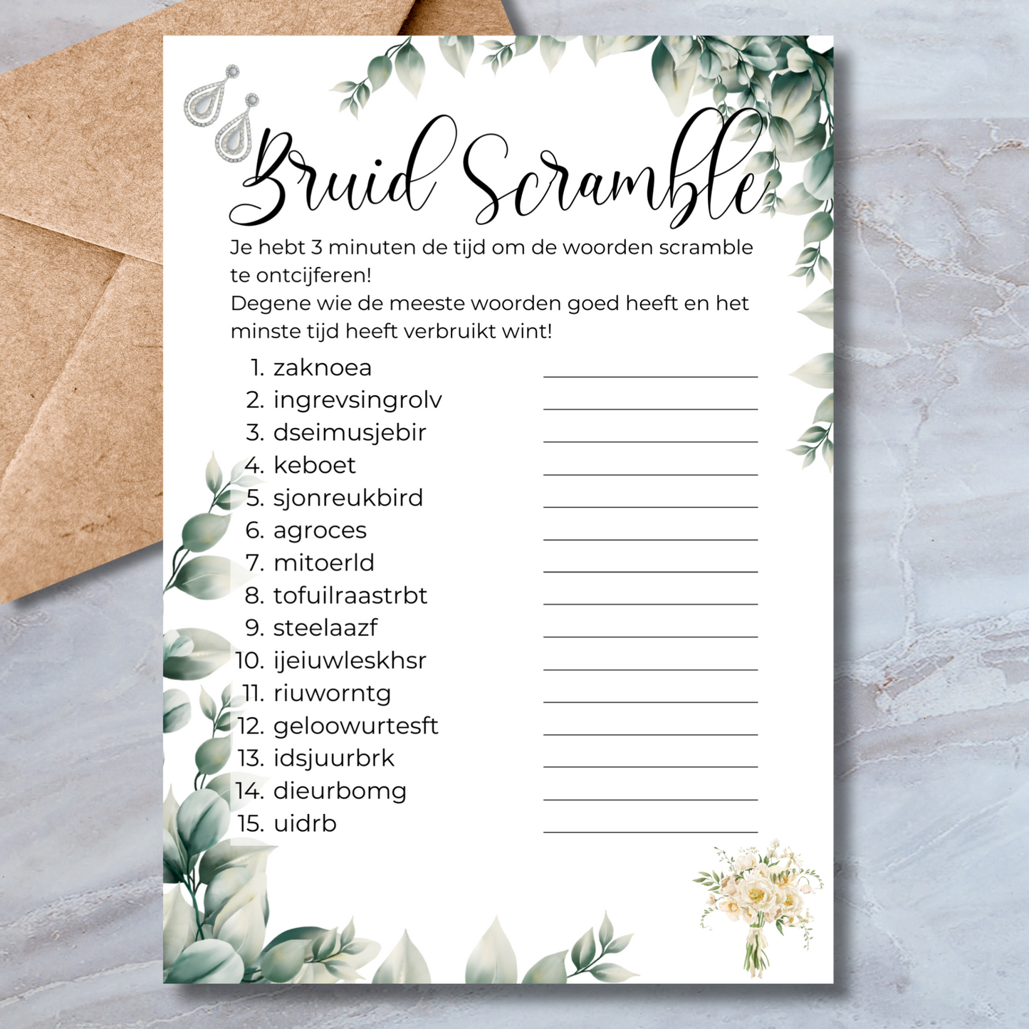 Bruid Scramble vrijgezellenfeest spelkaart in watercolor stijl met eucalyptus bladeren – A5 formaat