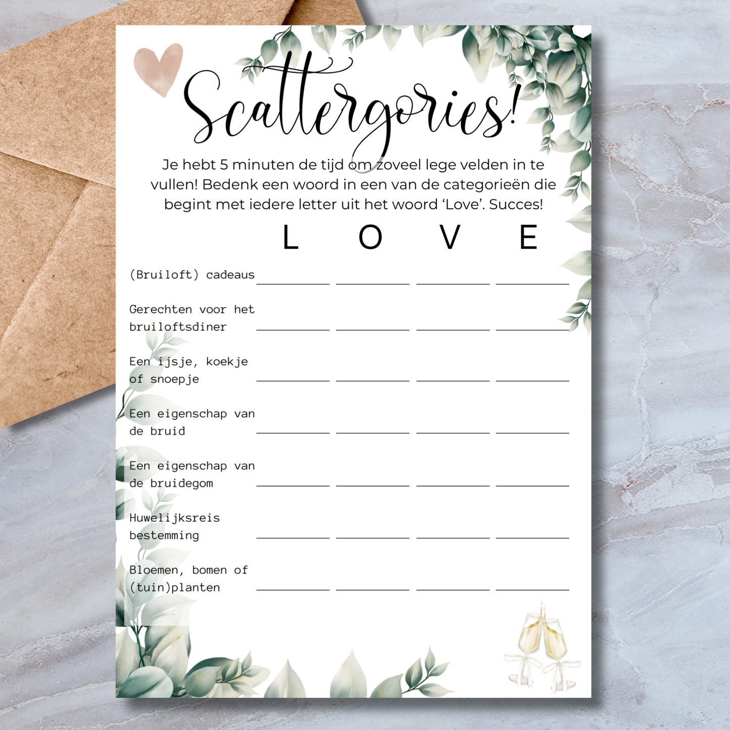 Scattergories vrijgezellenfeest spelkaart in watercolor stijl met eucalyptus bladeren – A5 formaat