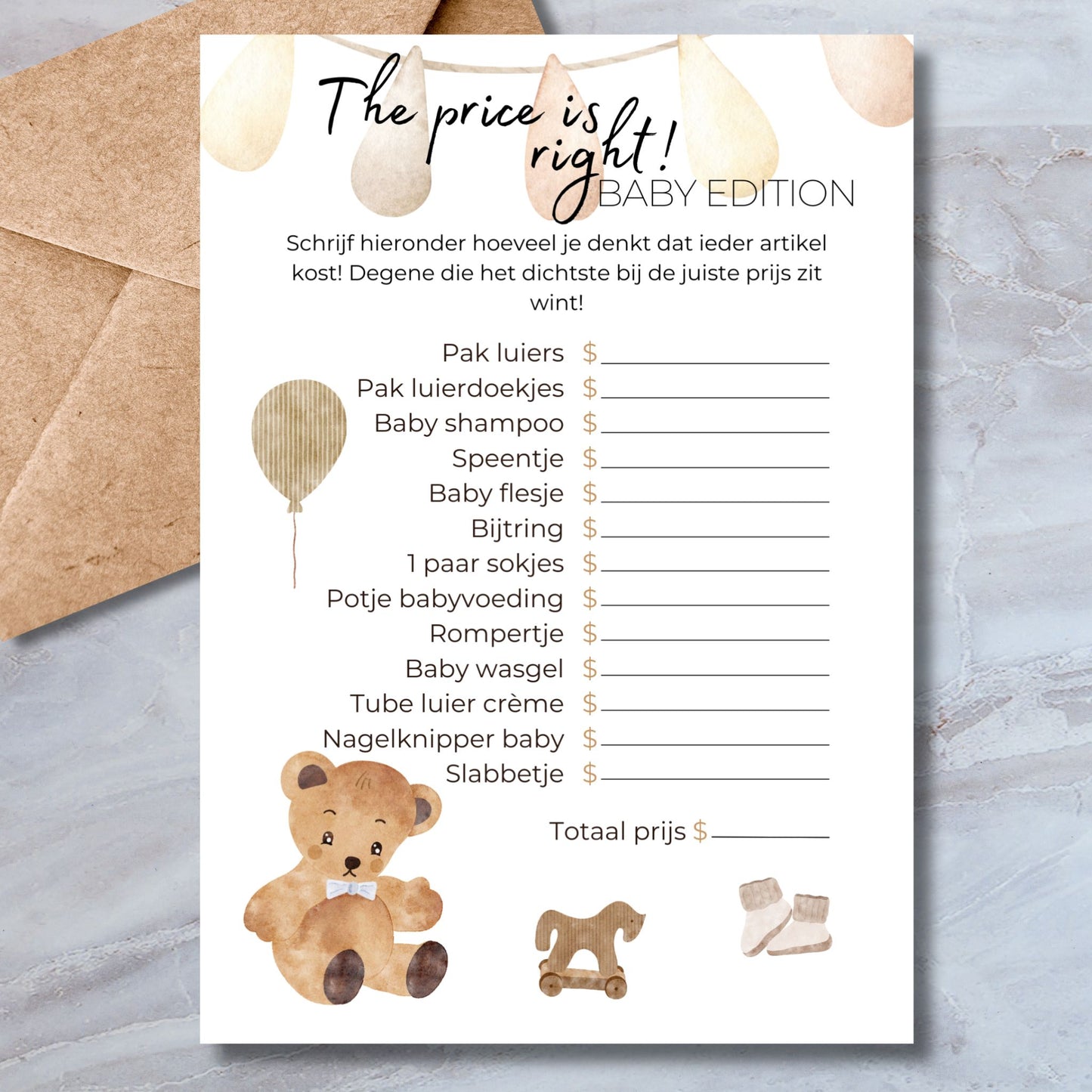 The Price is Right Baby Edition babyshower spelkaart in boho stijl – A5 formaat invulkaart