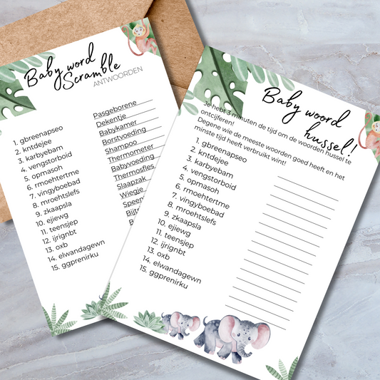 Baby Woord Hussel babyshower spelkaart in safari stijl met olifantjes en aapje – A5 formaat