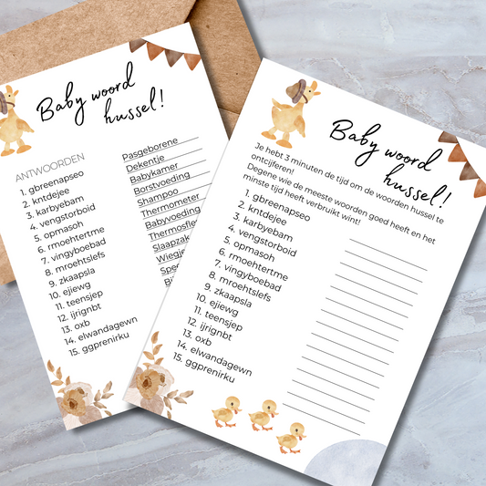 Baby Woord Hussel babyshower spelkaart in boho stijl met eendjes – A5 formaat