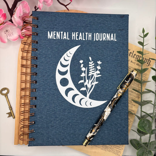 Handgemaakte Mental Health Journal A5 – cover met vrolijk design en 144 pagina’s vol dagreflecties en kleurpagina’s