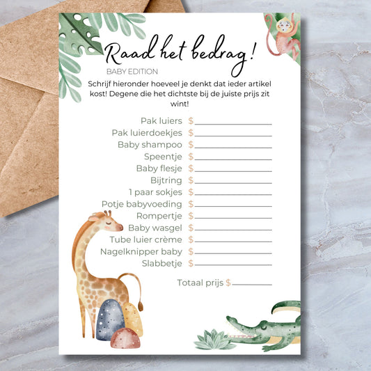 Raad het Bedrag babyshower spelkaart in safari stijl met giraffe, aapje en krokodil – A5 formaat