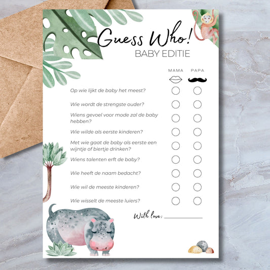 Guess Who babyshower spelkaart in safari stijl met nijlpaard en aapje – A5 formaat