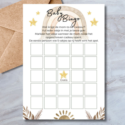 Baby Bingo babyshower spelkaart in boho stijl – invulkaart A5 formaat