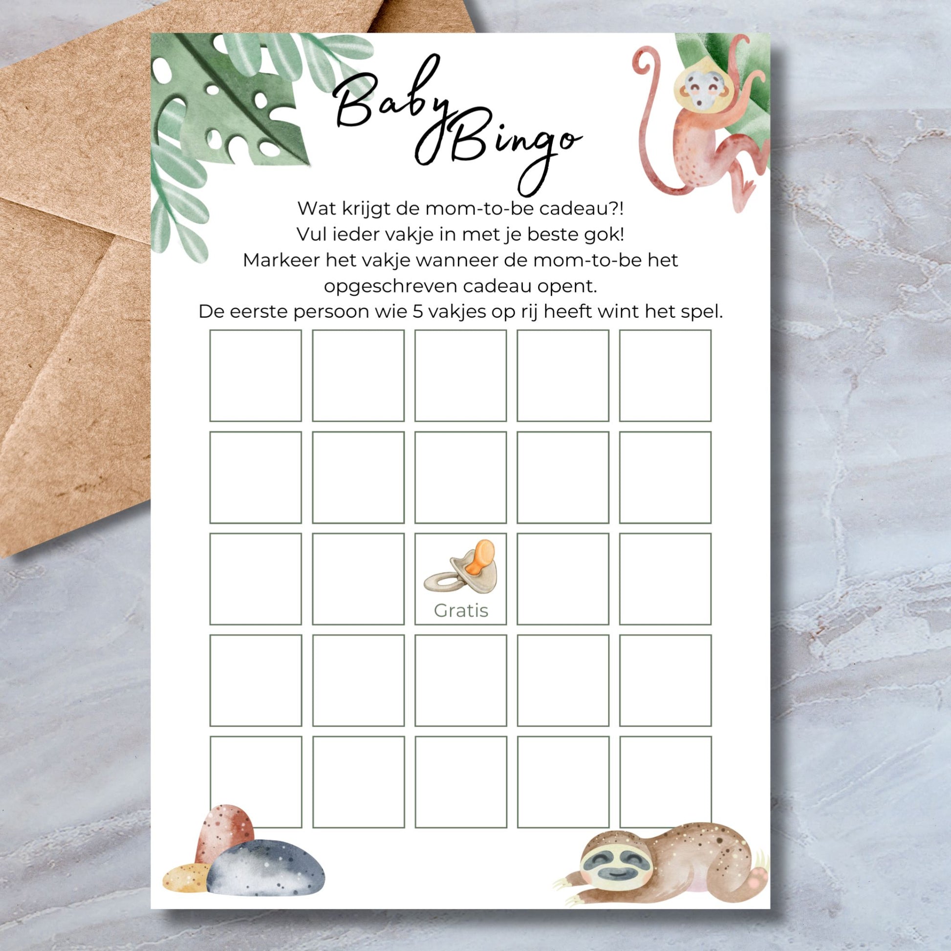 Baby Bingo babyshower spelkaart in safari stijl met luiaard en aapje – A5 formaat