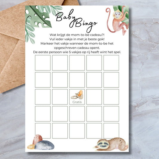 Baby Bingo babyshower spelkaart in safari stijl met luiaard en aapje – A5 formaat