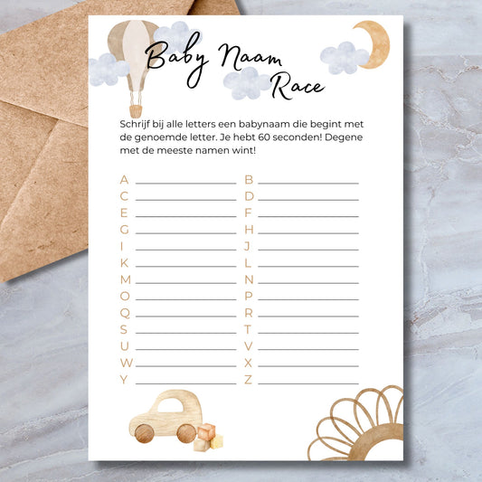 Baby Naam Race babyshower spelkaart in boho stijl met luchtballon, maantje en houten speelgoed – A5 formaat