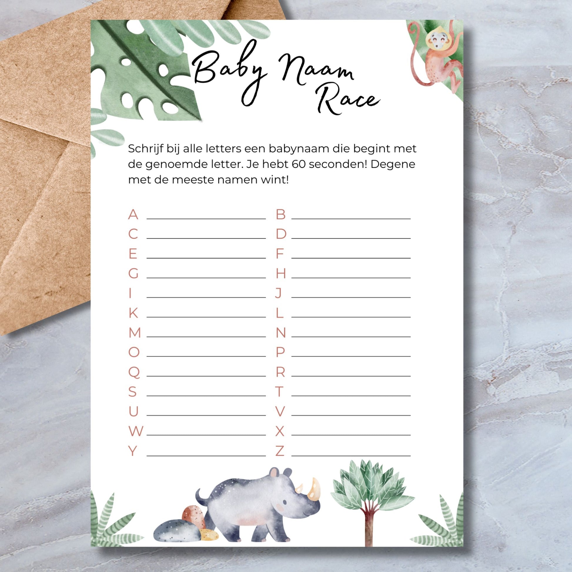 Baby Naam Race babyshower spelkaart in safari stijl met neushoorn en aapje – A5 formaat