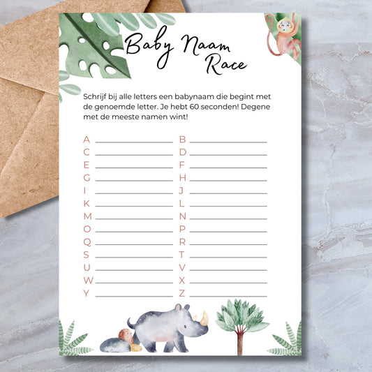 Baby Naam Race babyshower spelkaart in safari stijl met neushoorn en aapje – A5 formaat