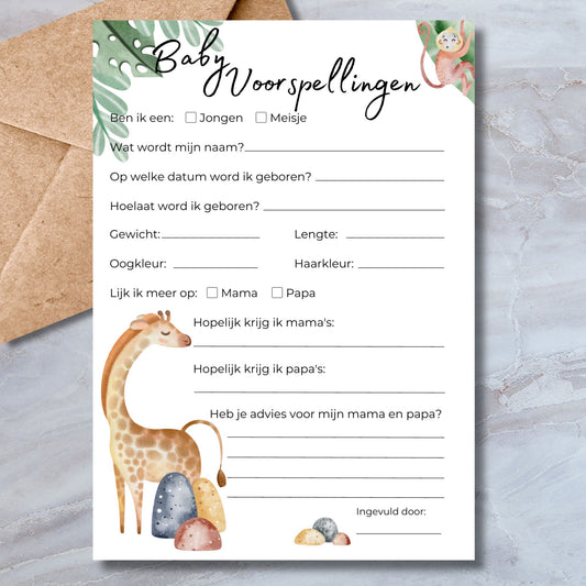 Baby Voorspellingen babyshower spelkaart in safari stijl met giraffe en aapje – A5 formaat