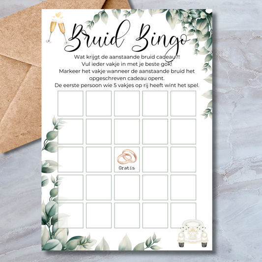Bruid Bingo vrijgezellenfeest spelkaart in watercolor stijl met eucalyptus bladeren – A5 formaat