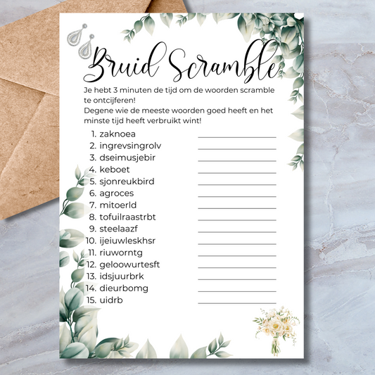 Bruid Scramble vrijgezellenfeest spelkaart in watercolor stijl met eucalyptus bladeren – A5 formaat