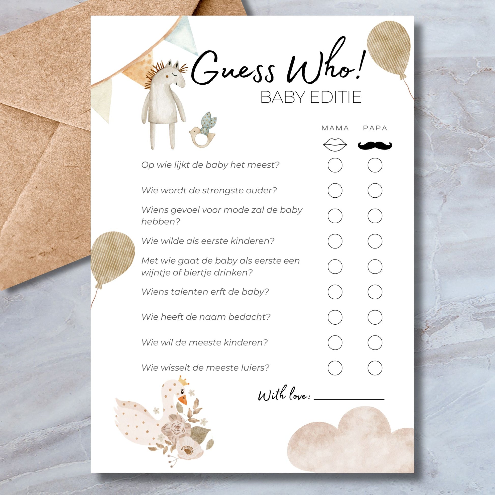 Guess Who babyshower spel in boho stijl met knuffeltjes, ballonnen en vlaggetjes – A5 kaart