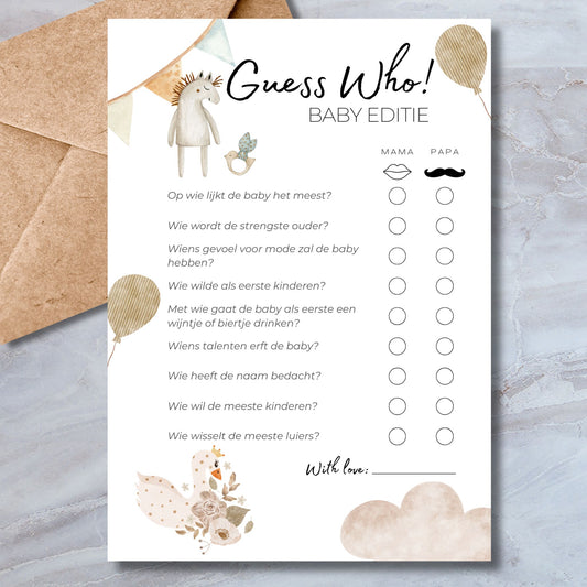 Guess Who babyshower spel in boho stijl met knuffeltjes, ballonnen en vlaggetjes – A5 kaart