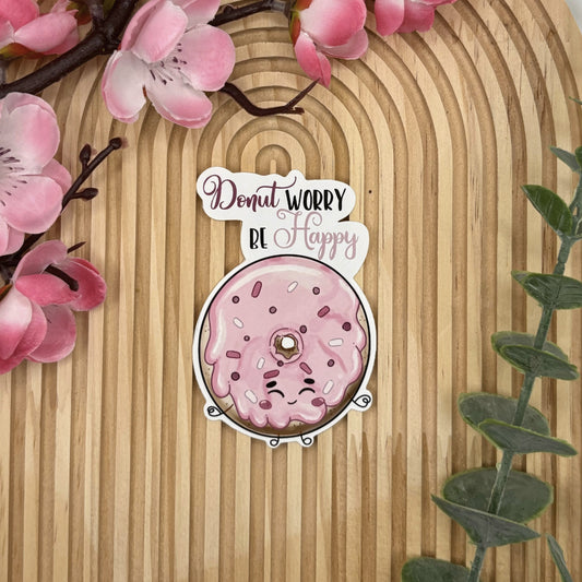 Die-cut sticker van donut met de quote Donut Worry, Be Happy.