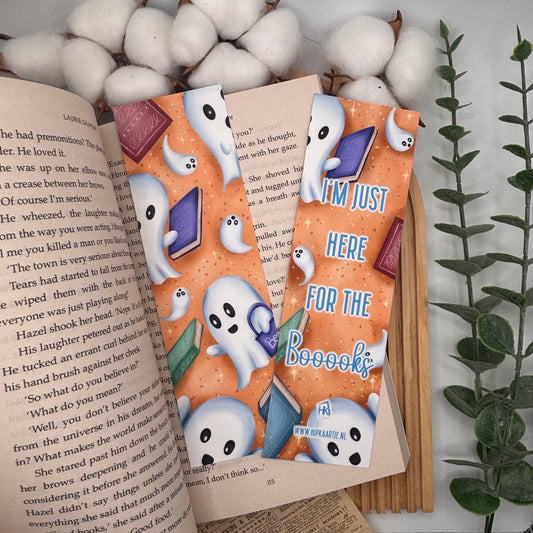I’m Just Here for the Booooks boekenlegger met boeken en spookjes – voorkant en achterkant