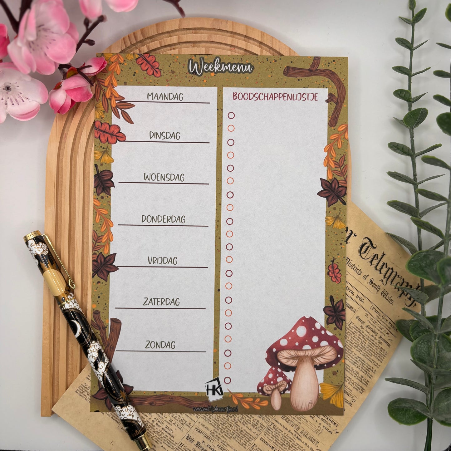 Meal Planner Pad Autumn Forest – A5 weekmenu planner met paddenstoelen en herfstbladeren van Hip Kaartje