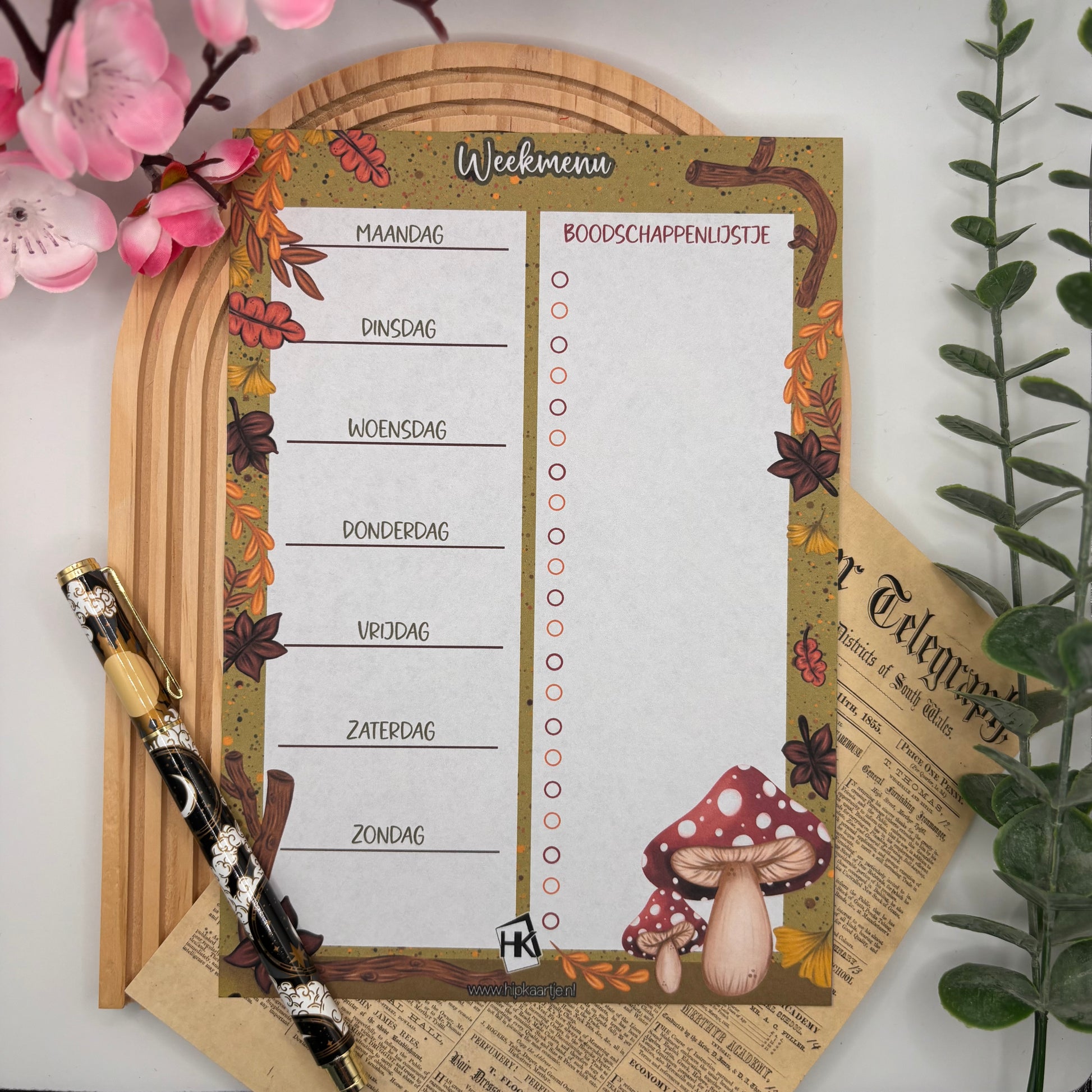 Meal Planner Pad Autumn Forest – A5 weekmenu planner met paddenstoelen en herfstbladeren van Hip Kaartje