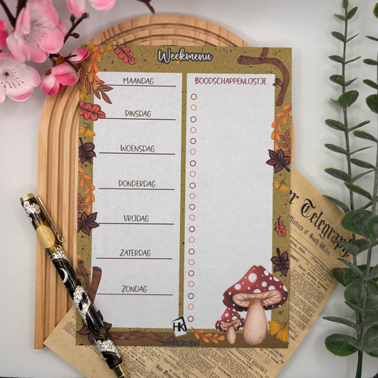Meal Planner Pad Autumn Forest – A5 weekmenu planner met paddenstoelen en herfstbladeren van Hip Kaartje