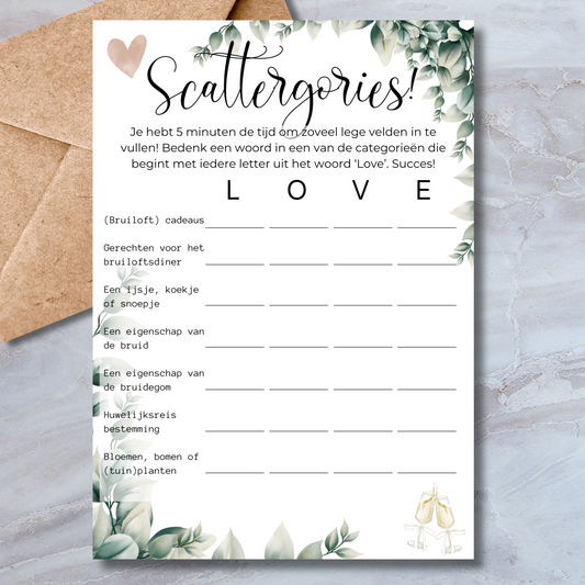 Scattergories vrijgezellenfeest spelkaart in watercolor stijl met eucalyptus bladeren – A5 formaat