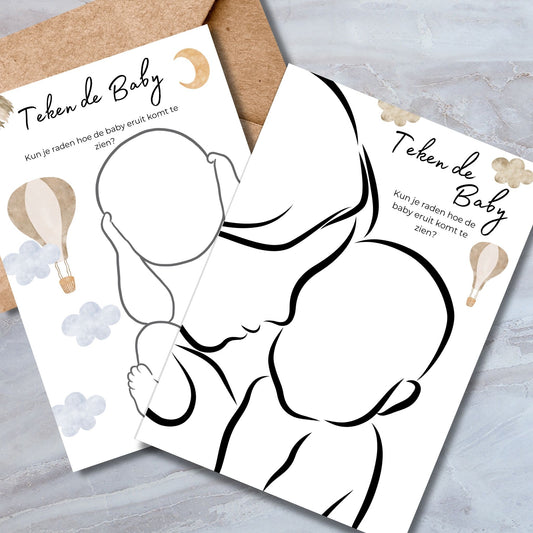 Teken de Baby babyshower spelkaart in boho stijl – creatief spel A5 formaat