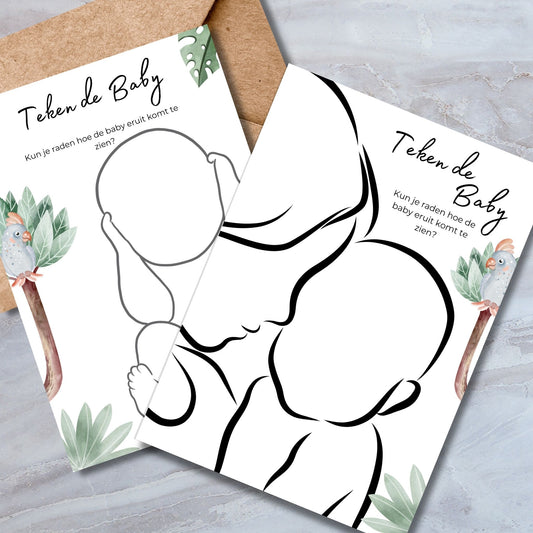 Teken de Baby babyshower spelkaart in safari stijl met papegaai – creatief spel A5 formaat