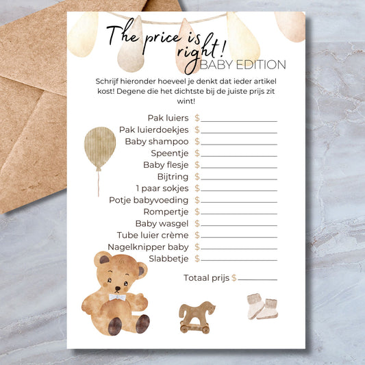The Price is Right Baby Edition babyshower spelkaart in boho stijl – A5 formaat invulkaart