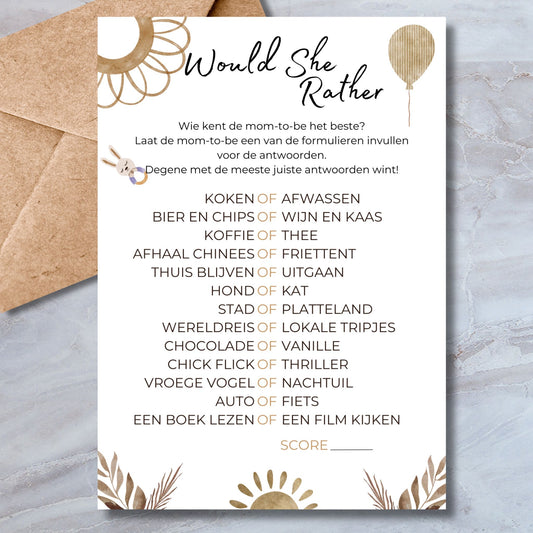 Would She Rather babyshower spelkaart in boho stijl met natuurtinten – A5 formaat