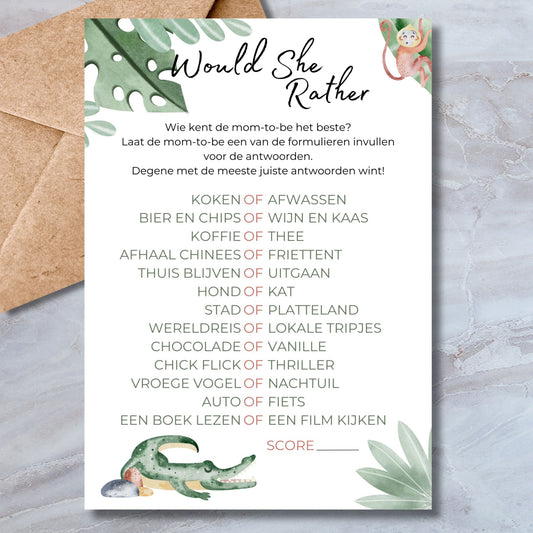 Would She Rather babyshower spelkaart in safari stijl met aapje en krokodil – A5 formaat